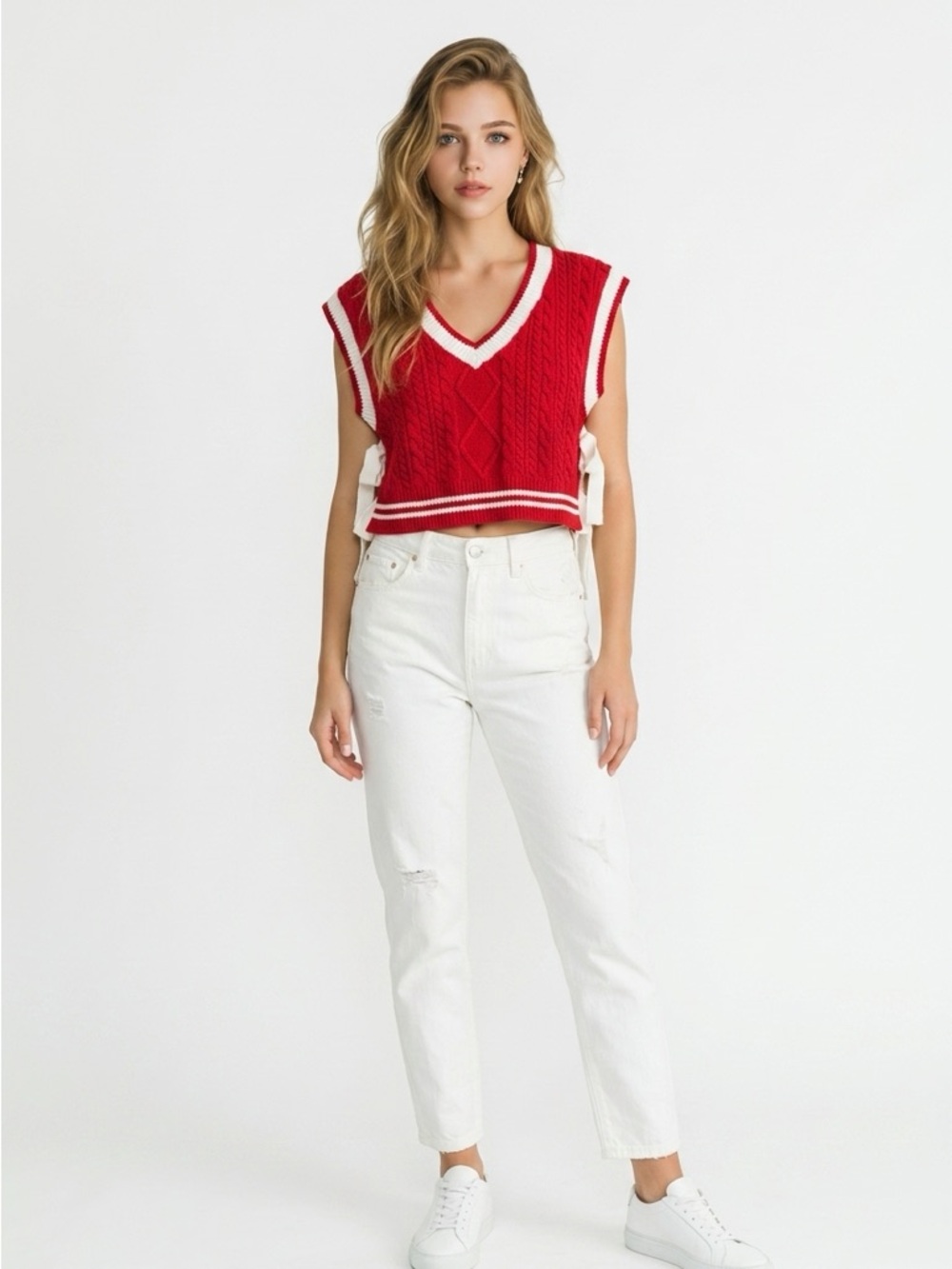 Red crop-sleeveless lightweight knit vest top white bows women’s size small